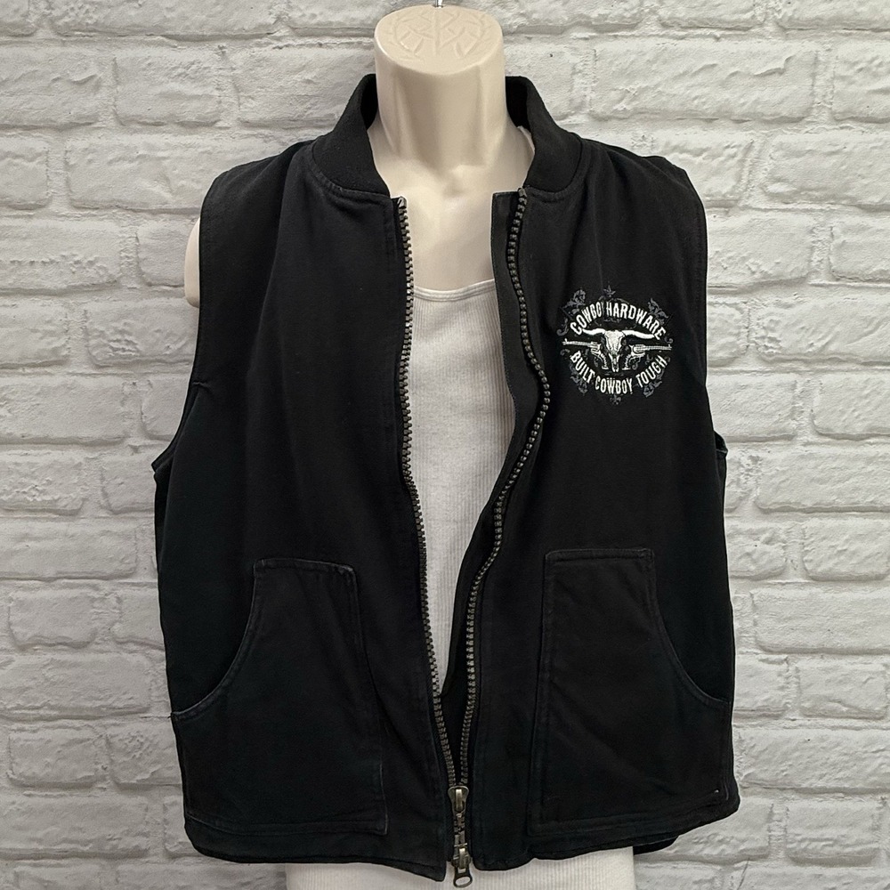 Cowboy Hardware Vest Mens M Black Duck Canvas Western Quilt Lined Embroidered - Picture 2 of 15